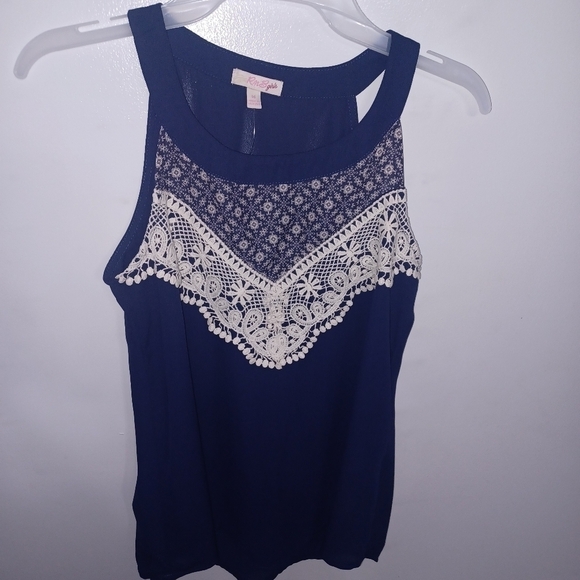 RnB Girls Tops - Navy Blue w White Lace Sleeveless Blouse- W Sz 14